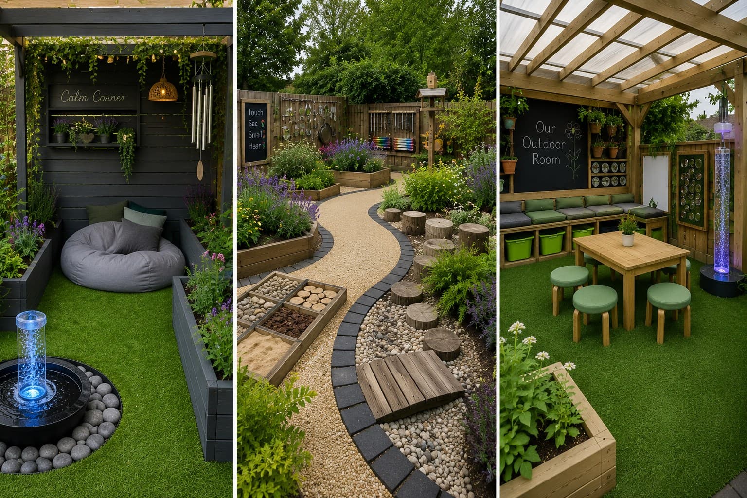 Three Garden Worx sensory garden concept renders side by side — a contained Calm Corner with retreat nook, chimes and water feature; a full sensory garden with tactile sign, balance steppers and scented planting; and an SEN Outdoor Room with covered pergola, chalkboard, bench seating and a sensory bubble tube.