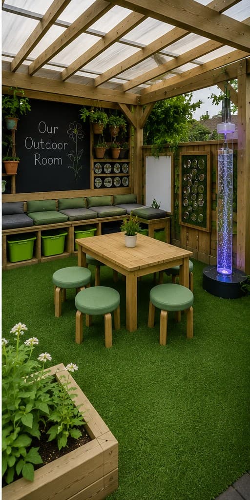 SEN Outdoor Room concept render — covered pergola shelter with chalkboard wall, padded bench seating, child-height table and stools, sensory bubble tube and raised planting beds.