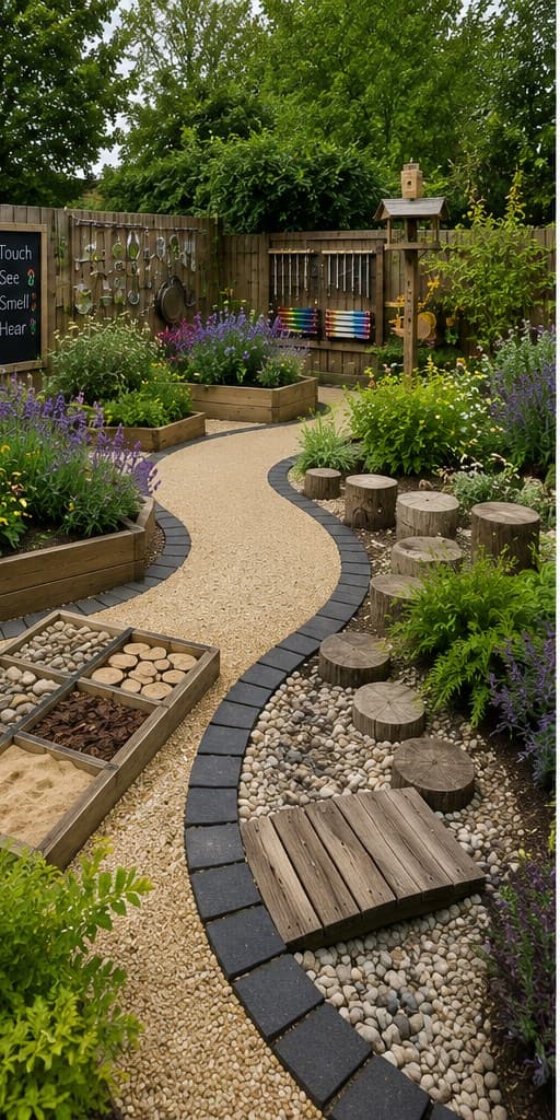 Sensory Garden concept render — winding gravel path with 'Touch See Smell Hear' sign, tactile sensory wall, balance log steppers, scented raised beds with lavender and herbs, and a colour panel.
